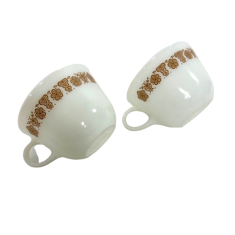 Set of 2- Pyrex Vintage Teacups Coffee Cups Milk Glass Gold Butterfly Corning NY